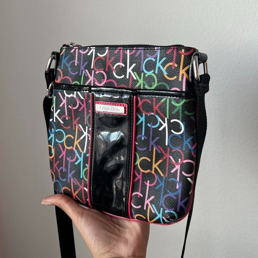 calvin klein multicolor ‘ck’ logo print crossbody black leather bag